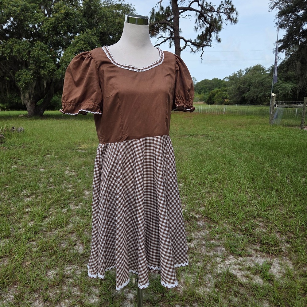 Handmade VTG Brown Gingham Dress Puff Sleeve Cottagecore Prairie Rockabilly 8?